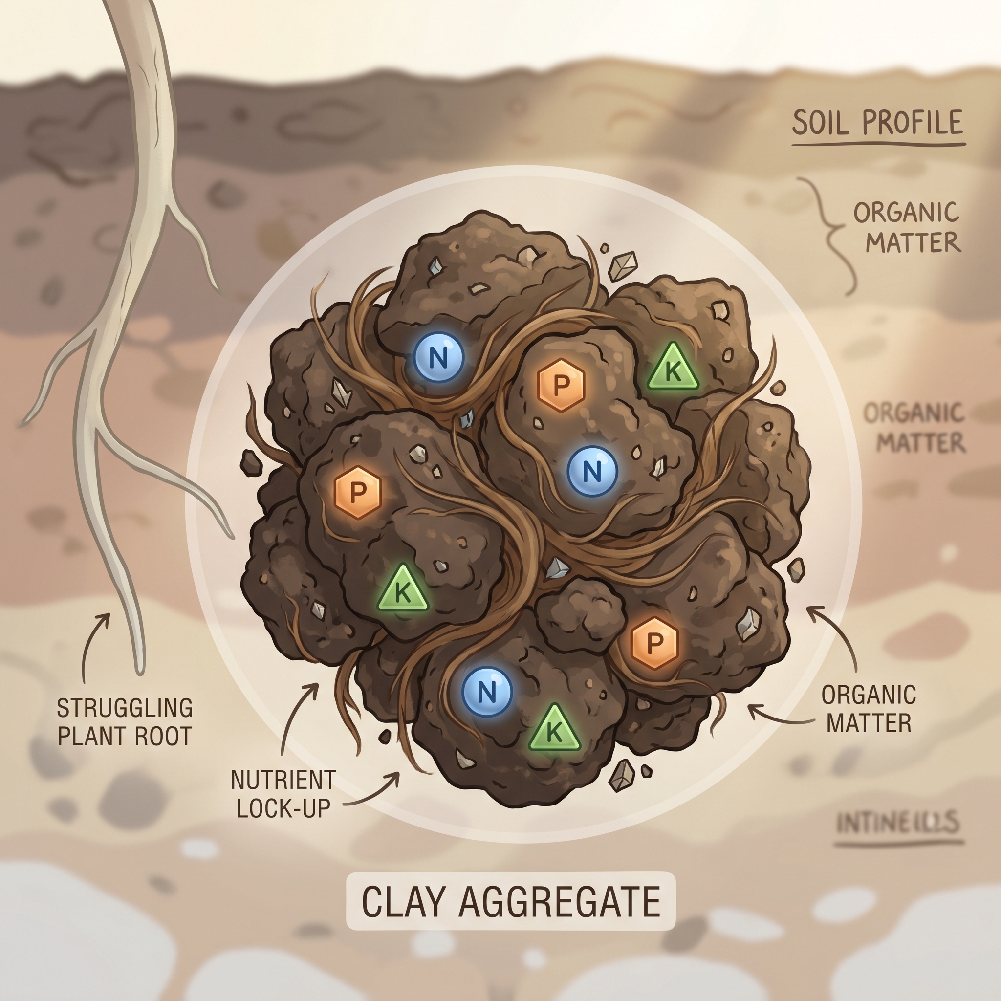 A diagram showing nutrient particles locked within soil clusters while plant roots nearby are unable to access them, illustrating the concept of nutrient unavailability in soil.
